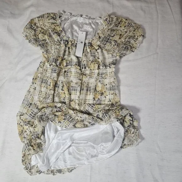 Mini Milkmaid Babydoll Puff Sleeve Dress M Sheer Lace Floral Plaid Twee Yellow - Picture 6 of 12